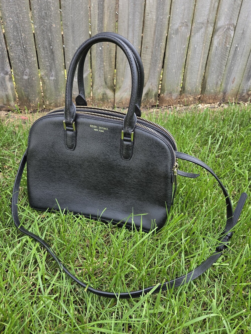 Henri Bendel New York Black Saffiano Leather Domed Satchel Crossbody
